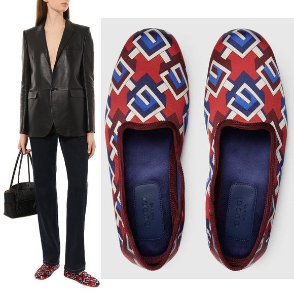 GUCCI SHOES GEOMETRIC G LOGO RED BLUE WHITE SATIN SLIPPER sz 39 9 US - Picture 1 of 16